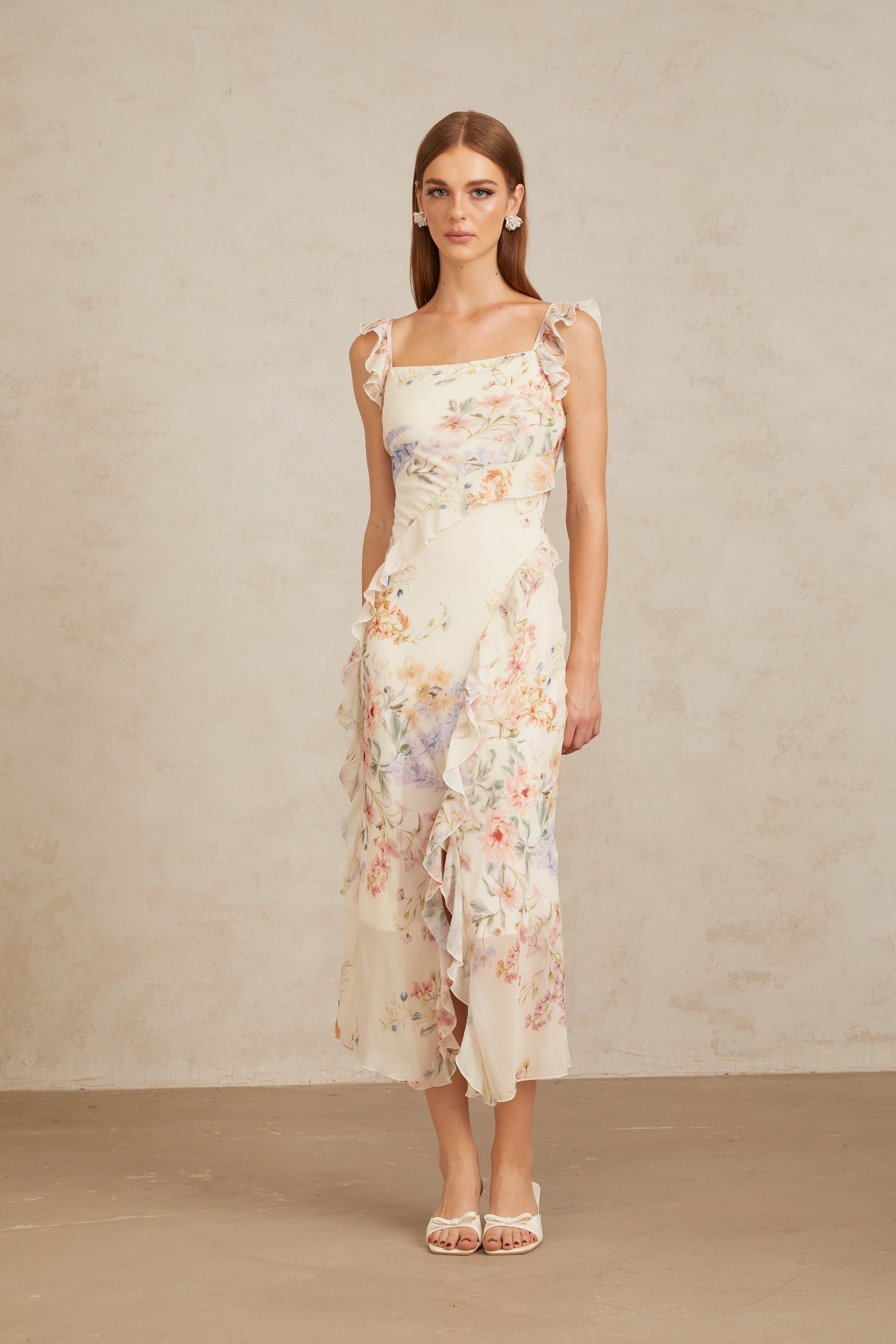 Gratia Light Yellow Ruffled Floral Print Midi Dress