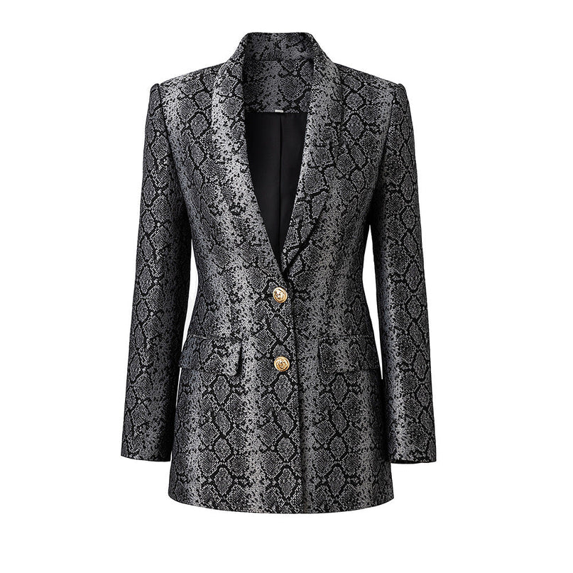 Gray and Black Snake Print Tailored Blazer with Metallic Accents