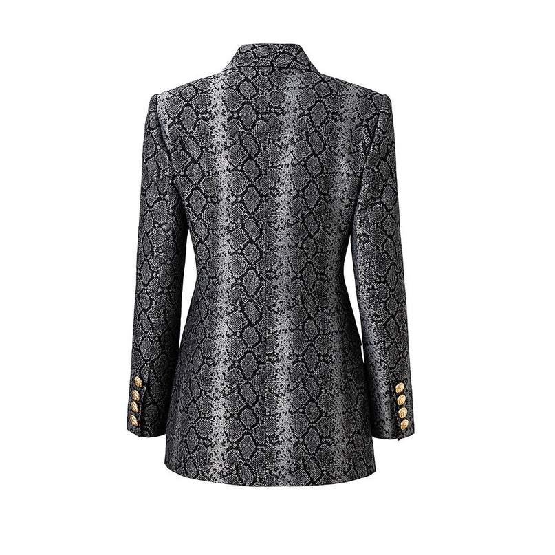 Gray and Black Snake Print Tailored Blazer with Gold Buttons