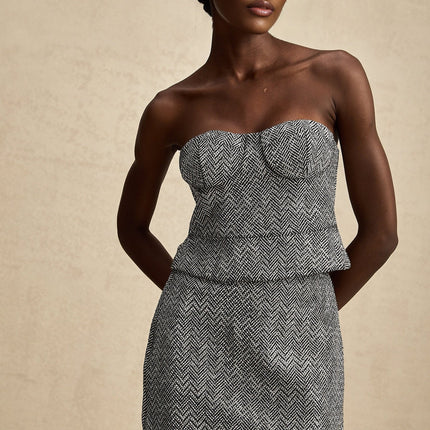 Gray corset top with herringbone pattern named Chantal