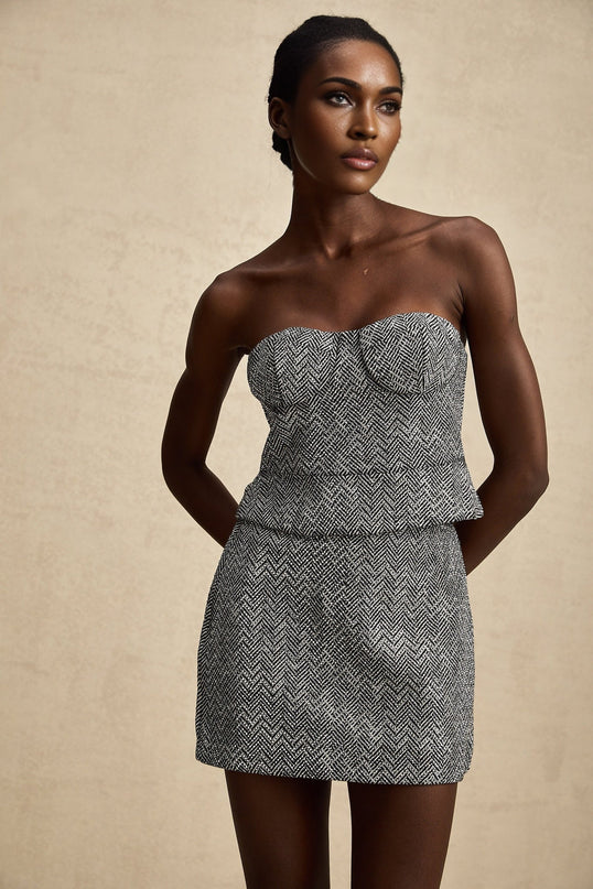 Gray corset top with herringbone pattern named Chantal