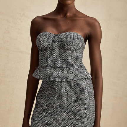 Gray corset top with herringbone pattern named Chantal