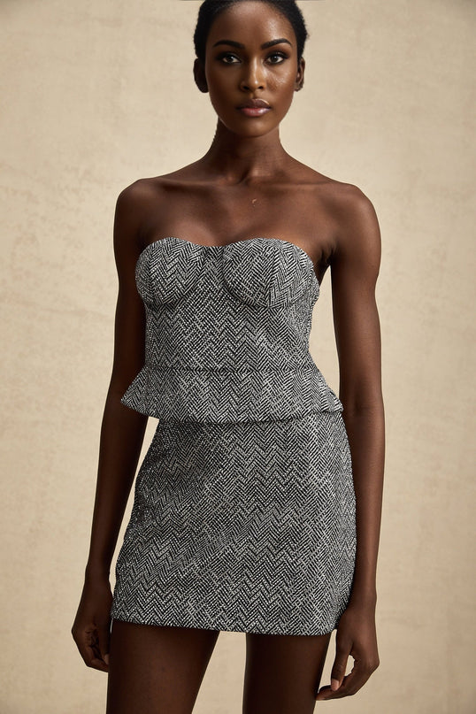 Gray corset top with herringbone pattern named Chantal