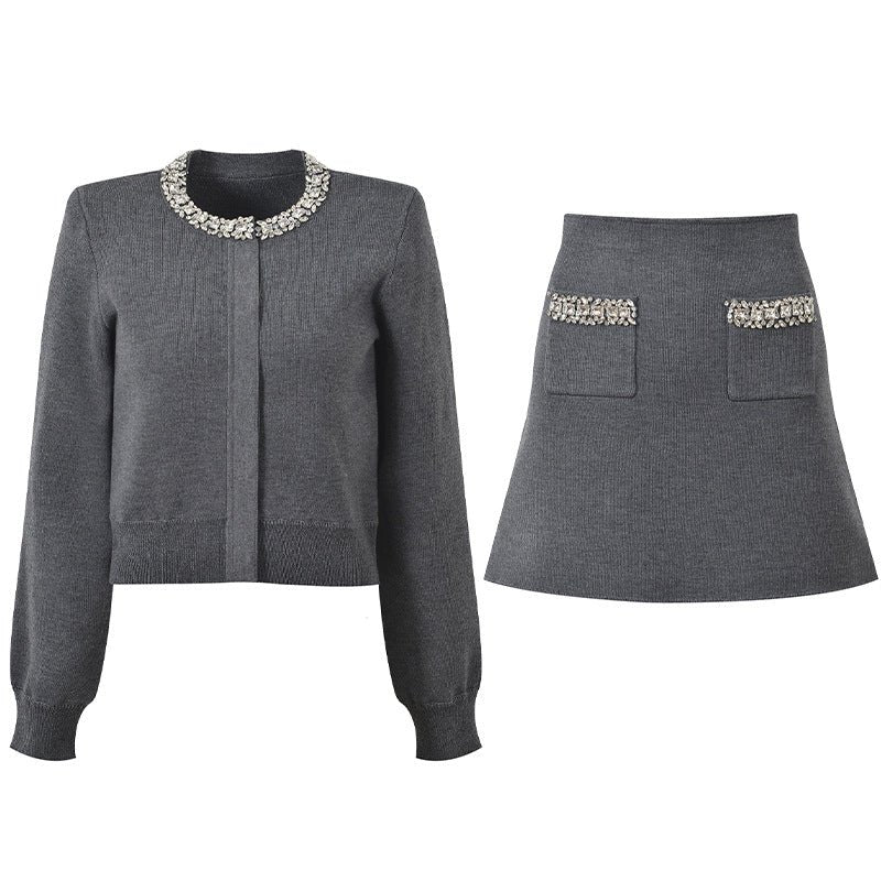 Gray cropped cardigan and A-line skirt set with crystal embellishments