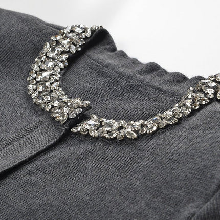 Gray knit cropped cardigan and A-line skirt set with crystal embellishments