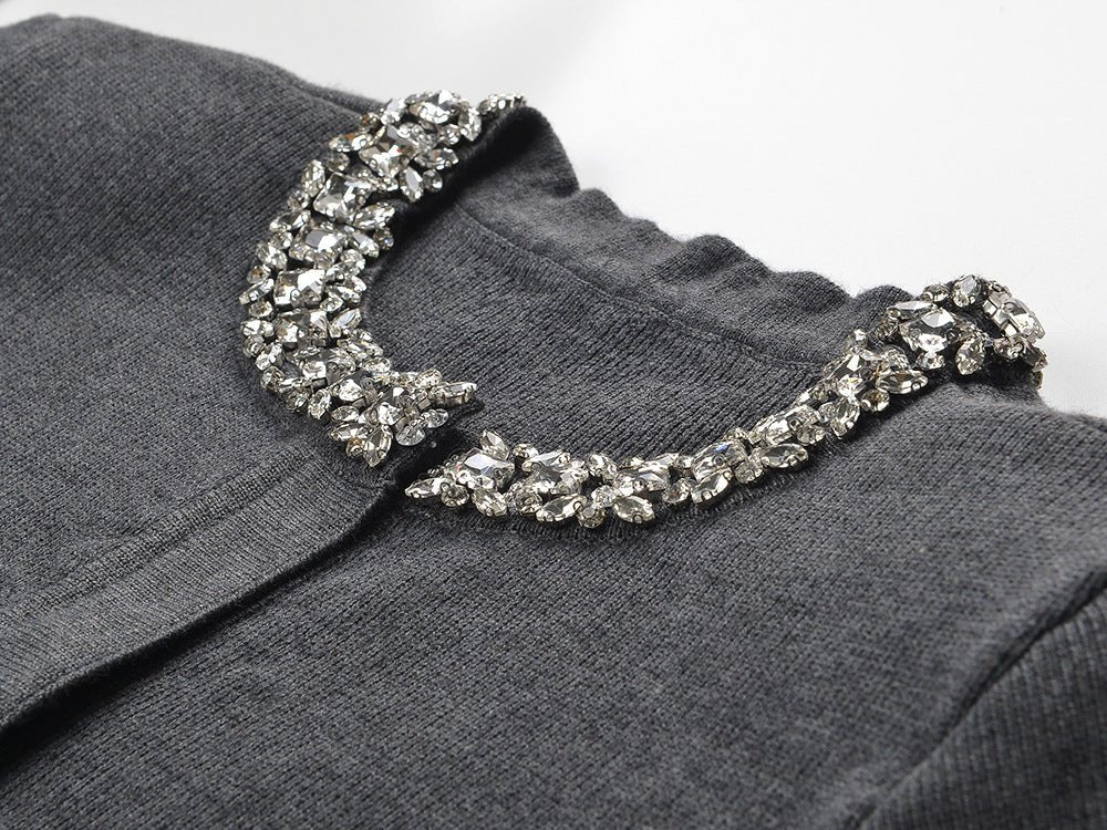 Gray knit cropped cardigan and A-line skirt set with crystal embellishments