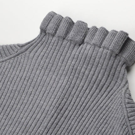 Gray Knitted Button-Down Cardigan with Ruffled Edges