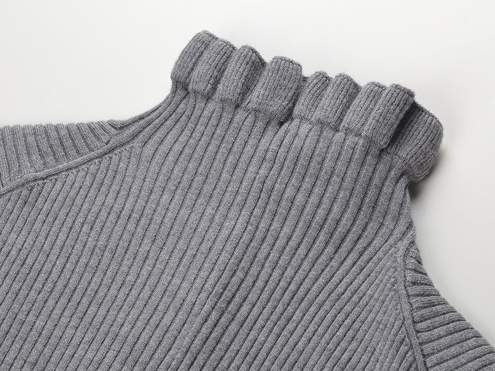 Gray Knitted Button-Down Cardigan with Ruffled Edges
