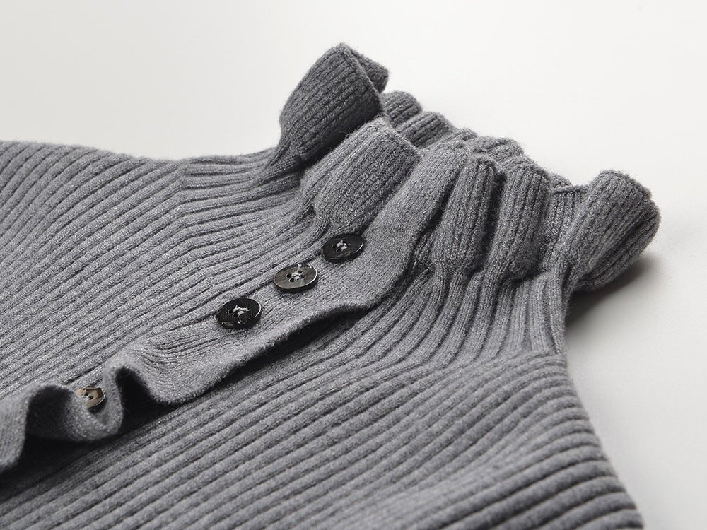 Gray Knitted Ribbed Button-Down Cardigan with Ruffled Edges