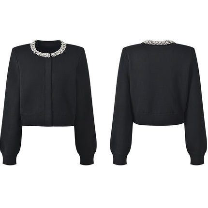 Gray cropped cardigan and A-line skirt set with crystal embellishments