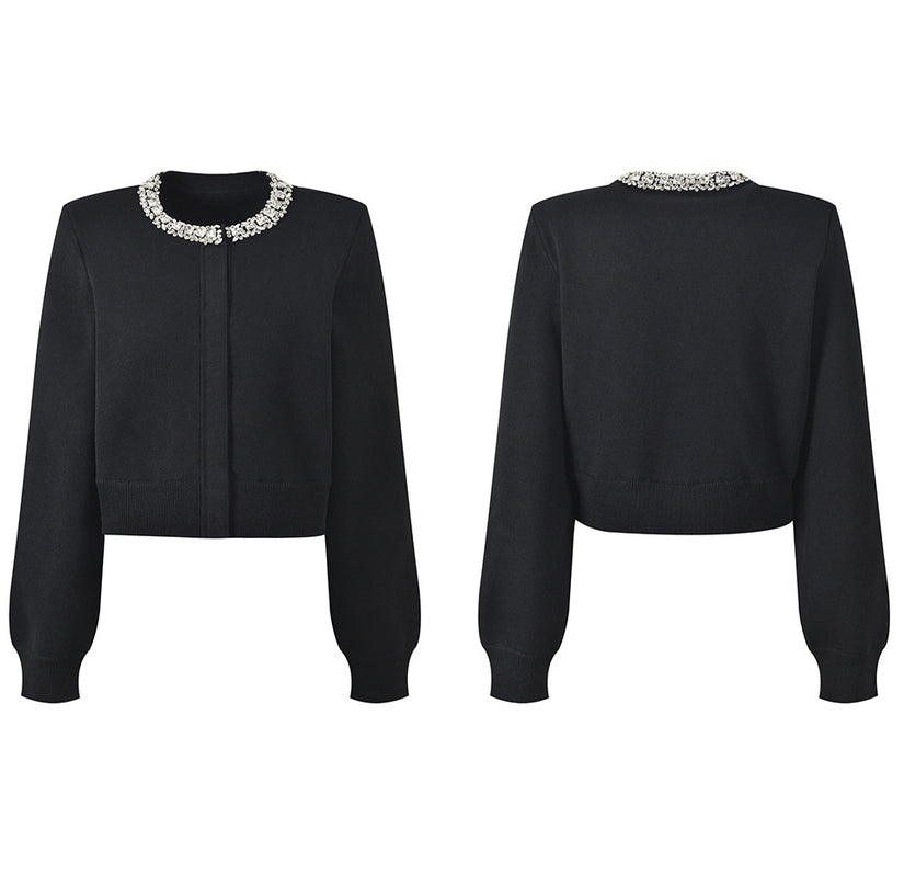 Gray cropped cardigan and A-line skirt set with crystal embellishments