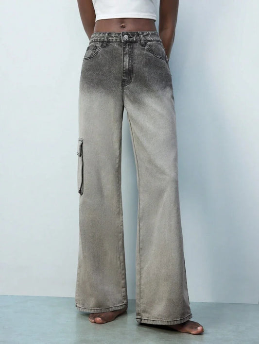 Gray Ombre Washed Cargo Pocket MidRise Womens Pants Western Wear Women