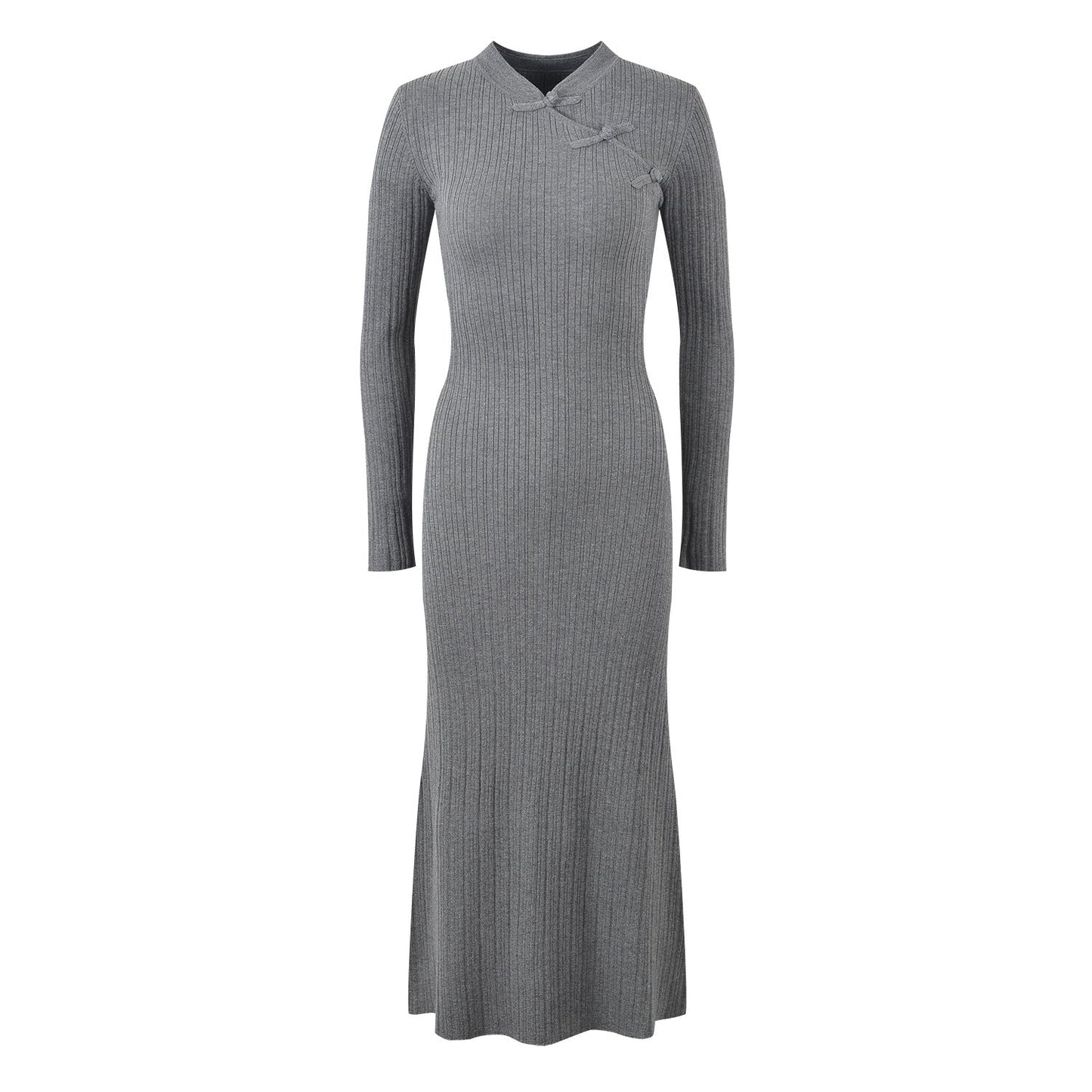 Gray Ribbed Knit High Neck Long Sleeve Top with Decorative Knots