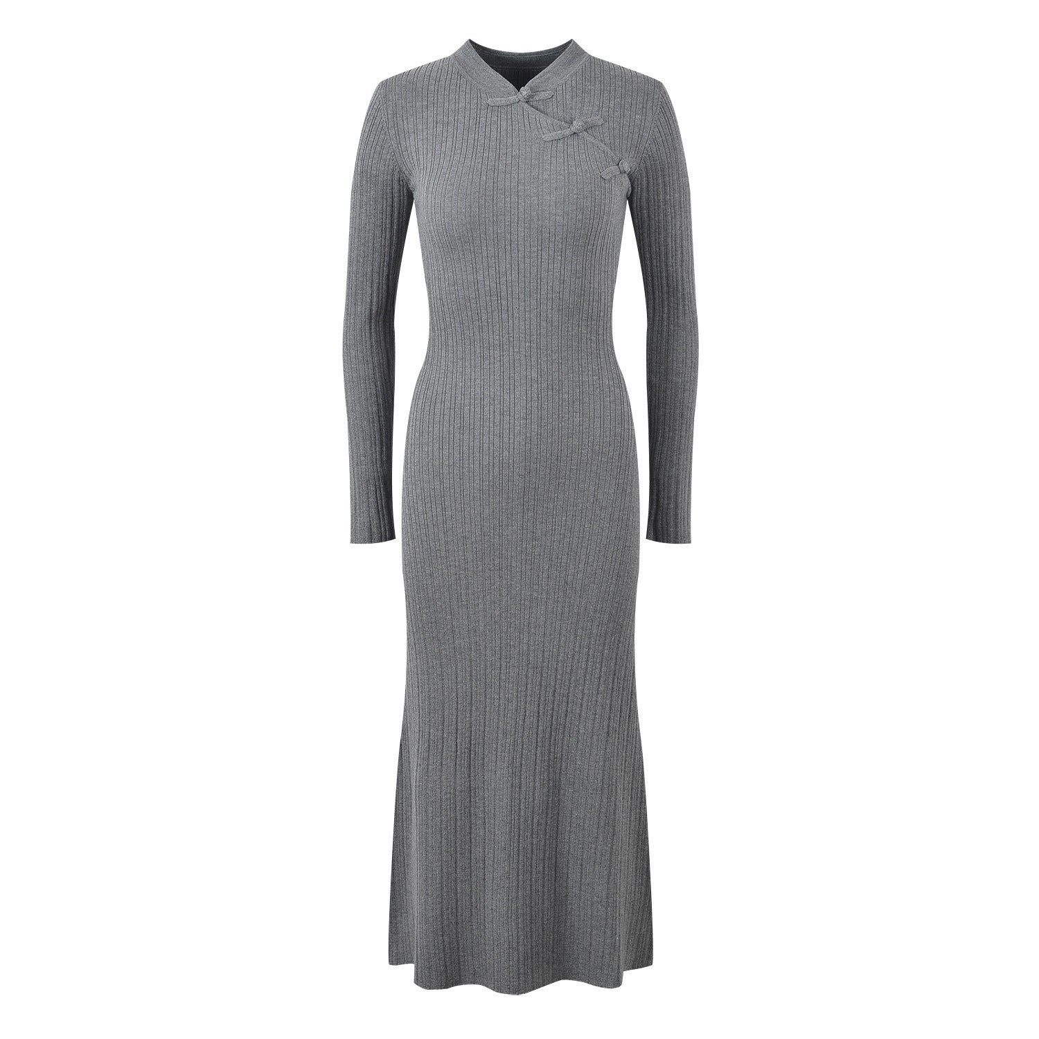 Gray Ribbed Knit High Neck Long Sleeve Top with Decorative Knots