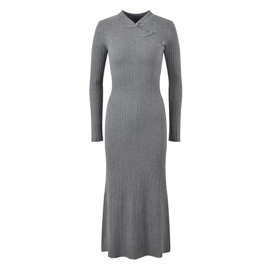 Gray Ribbed Knit High Neck Long Sleeve Top with Decorative Knots