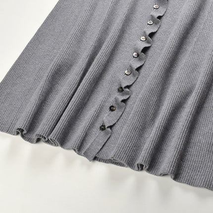 Gray Ribbed Knit Ruffle Hem Cardigan