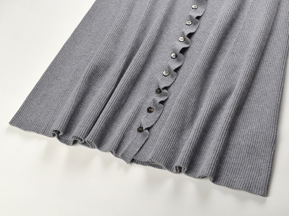 Gray Ribbed Knit Ruffle Hem Cardigan