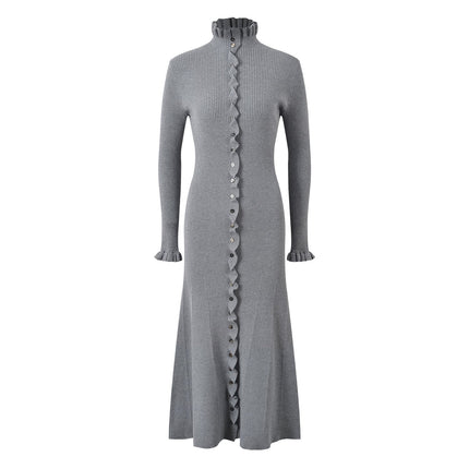 Gray ribbed knit ruffled hem cardigan