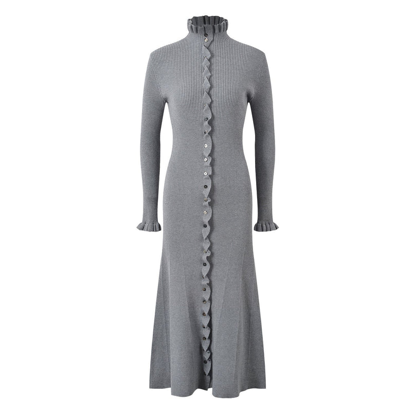 Gray ribbed knit ruffled hem cardigan