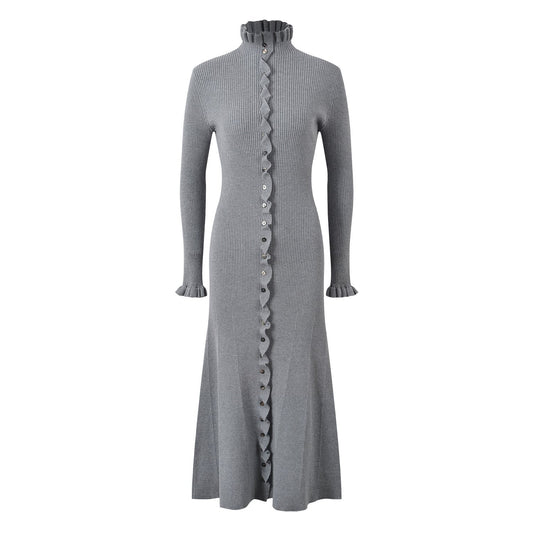 Gray ribbed knit ruffled hem cardigan