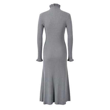 Gray Ribbed Texture Ruffled Hem Knitted Cardigan