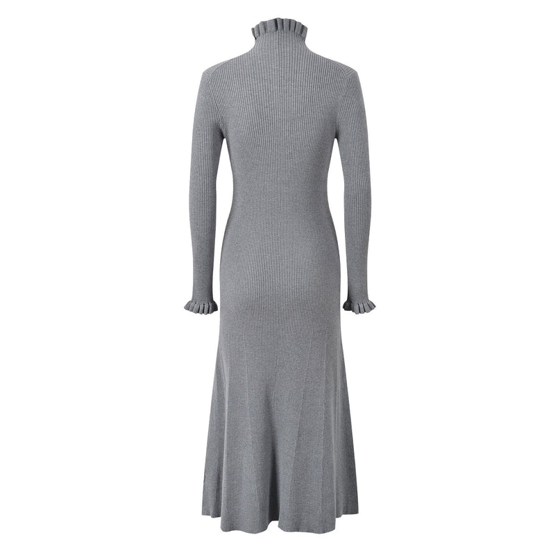 Gray Ribbed Texture Ruffled Hem Knitted Cardigan