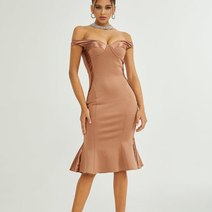 Grazia Black Off-shoulder Satin Midi Dress