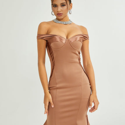 Grazia Black Off-shoulder Satin Midi Dress
