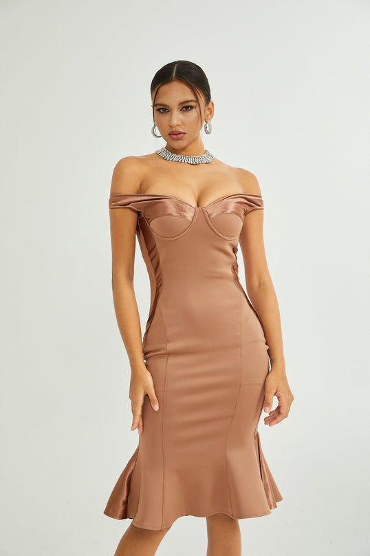 Grazia Black Off-shoulder Satin Midi Dress