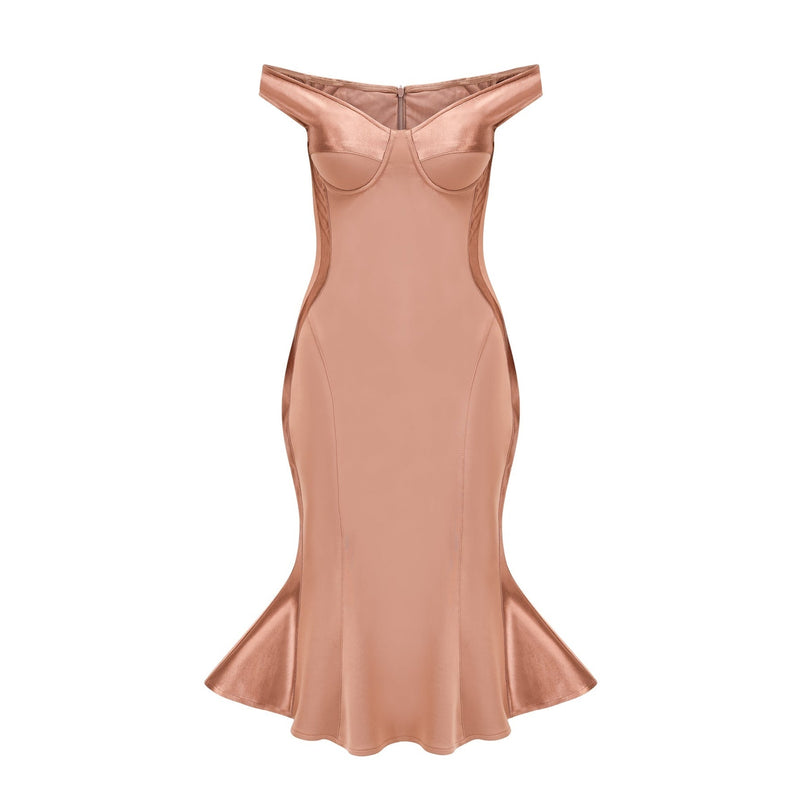Grazia Black Off-shoulder Satin Midi Dress with Bustier-style Bodice and Flared Hem