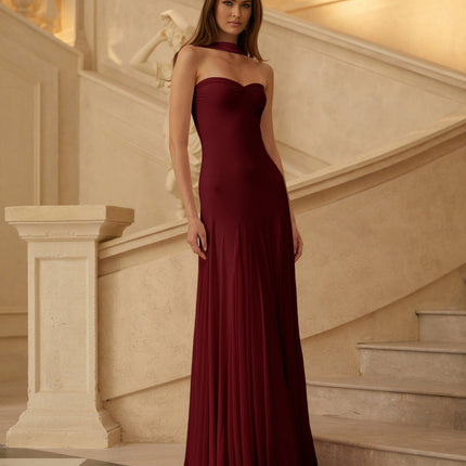 Grazia Maxi Dress in Red Wine Off-Shoulder Sweetheart Neckline Scarf Detail Pleated Waistline Luxurious Blend Slip-On Style Maxi Length Glamour