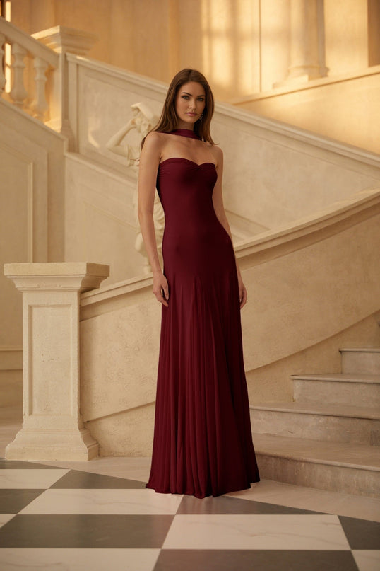 Grazia Maxi Dress in Red Wine Off-Shoulder Sweetheart Neckline Scarf Detail Pleated Waistline Luxurious Blend Slip-On Style Maxi Length Glamour