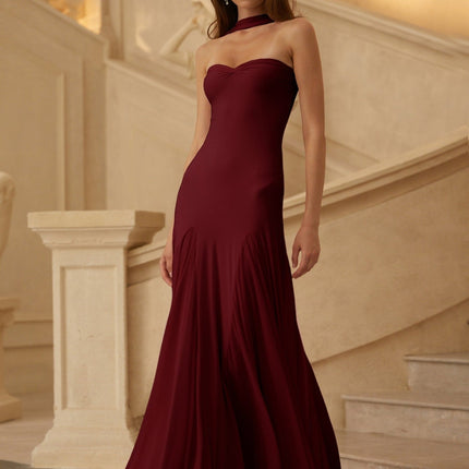 Grazia Maxi Dress Red Wine Off Shoulder Sweetheart Neckline Scarf Fitted Waistline Pleated Detailing Luxurious Blend Slip-On Style Maxi Length