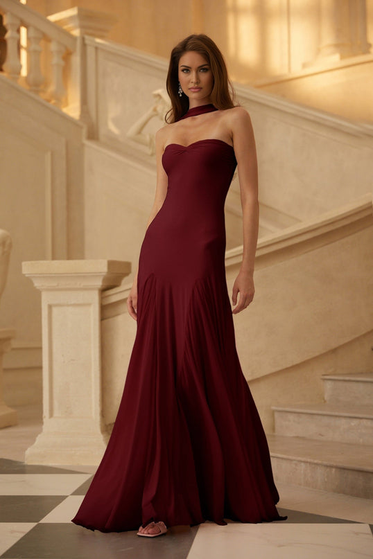 Grazia Maxi Dress Red Wine Off Shoulder Sweetheart Neckline Scarf Fitted Waistline Pleated Detailing Luxurious Blend Slip-On Style Maxi Length