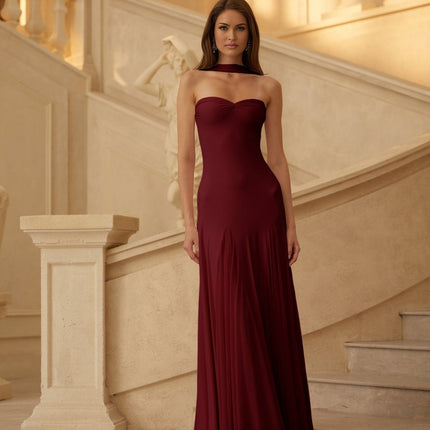 Grazia Maxi Dress in Red Wine Off-the-Shoulder Sweetheart Neckline Scarf Fitted Waistline Pleated Detailing Slip-On Style Maxi Length