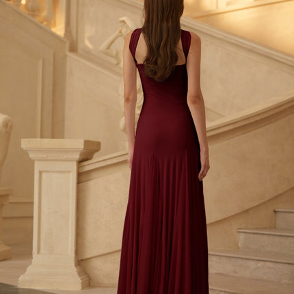 Grazia Maxi Dress in Wine Red Off-the-Shoulder Sweetheart Neckline Scarf Fitted Waistline Pleated Detailing Luxurious Blend Slip-On Style Maxi Length