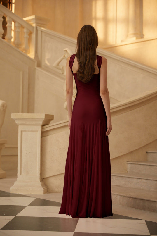 Grazia Maxi Dress in Wine Red Off-the-Shoulder Sweetheart Neckline Scarf Fitted Waistline Pleated Detailing Luxurious Blend Slip-On Style Maxi Length