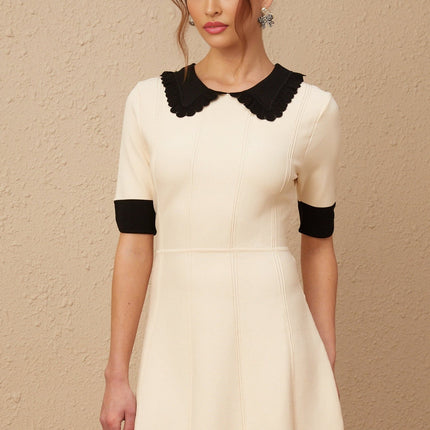 Grazia Mini Dress Split Hem Tango White Black Knitted Lapels Buttons Thigh-length Terylene Viscose