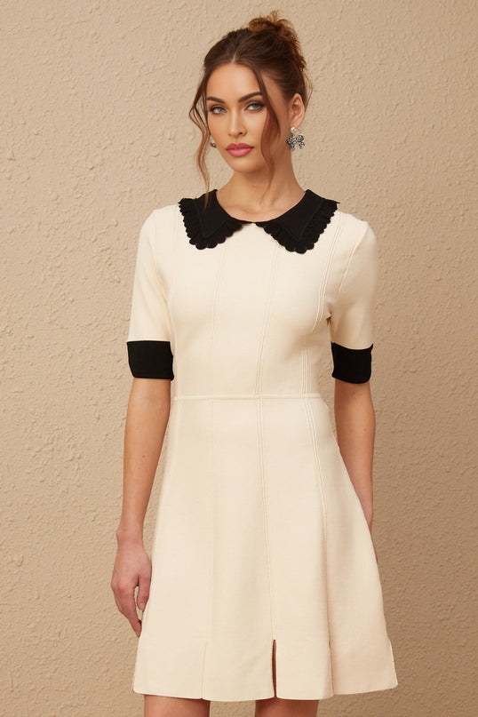 Grazia Mini Dress Split Hem Tango White Black Knitted Lapels Buttons Thigh-length Terylene Viscose