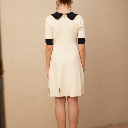 Grazia Mini Dress Split Hem Tango White Black Knitted Lapels Buttons Terylene Viscose