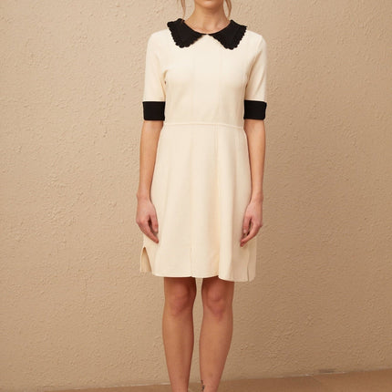 Grazia Mini Dress Split Hem Tango White Black Knitted Lapels Buttons Terylene Viscose