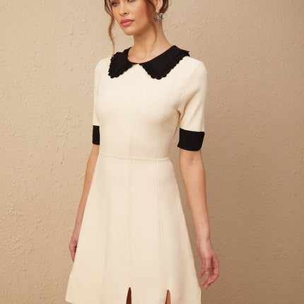 Grazia Mini Dress Split Hem Tango White Black Knitted Lapels Buttons Thigh Length Terylene Viscose