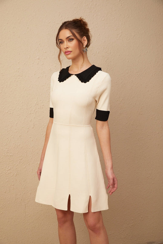 Grazia Mini Dress Split Hem Tango White Black Knitted Lapels Buttons Thigh Length Terylene Viscose