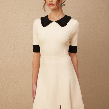 Grazia Mini Dress Split Hem Tango White Black Knitted Sophisticated Chic Lapels Split-Hem Thigh-Length Delicate Buttons Terylene Viscose Comfort Sophistication Timeless Fashion