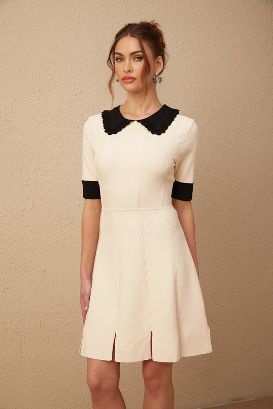 Grazia Mini Dress Split Hem Tango White Black Knitted Sophisticated Chic Lapels Split-Hem Thigh-Length Delicate Buttons Terylene Viscose Comfort Sophistication Timeless Fashion