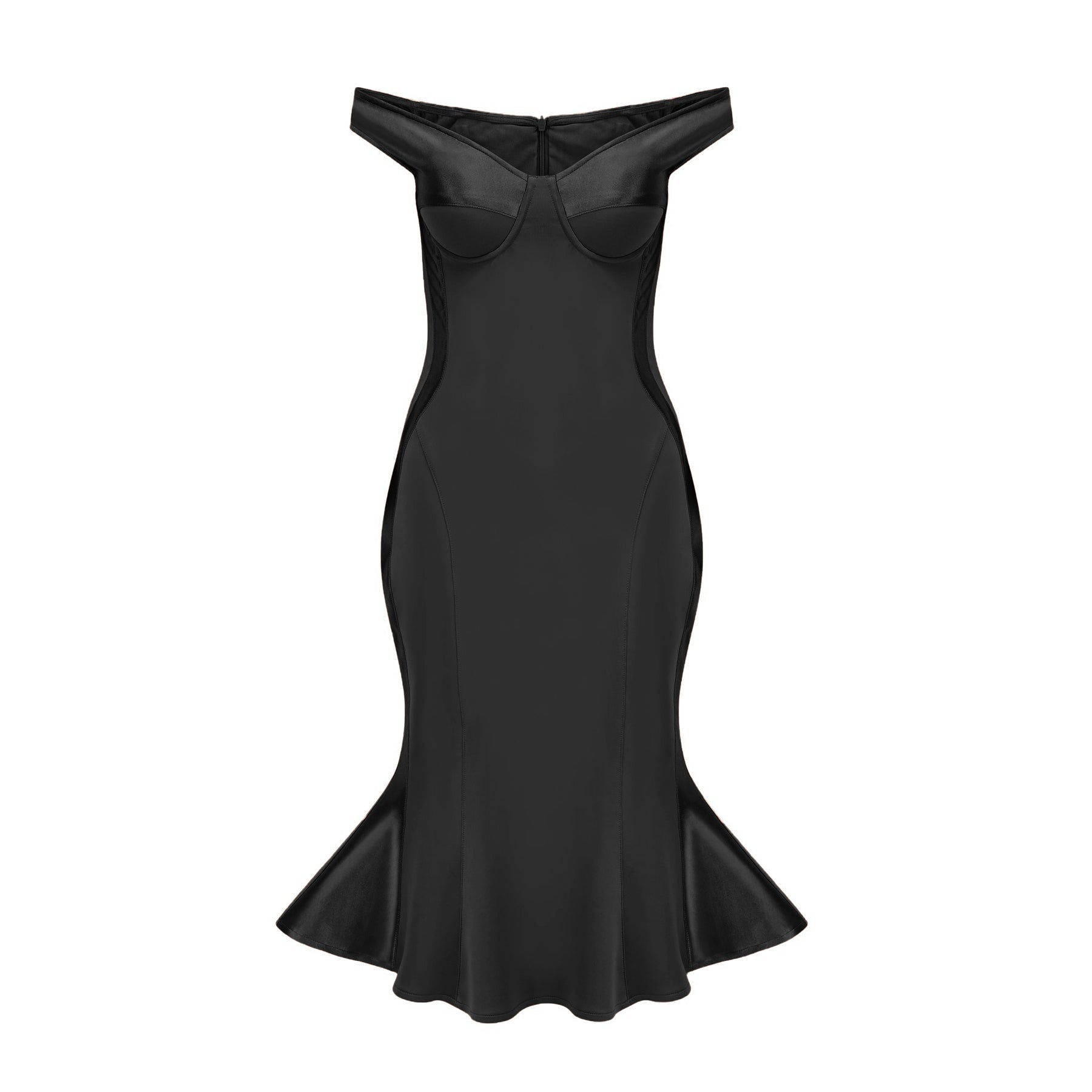 Grazia Off - Shoulder Satin Midi Dress in Black with Flared Hem - Black