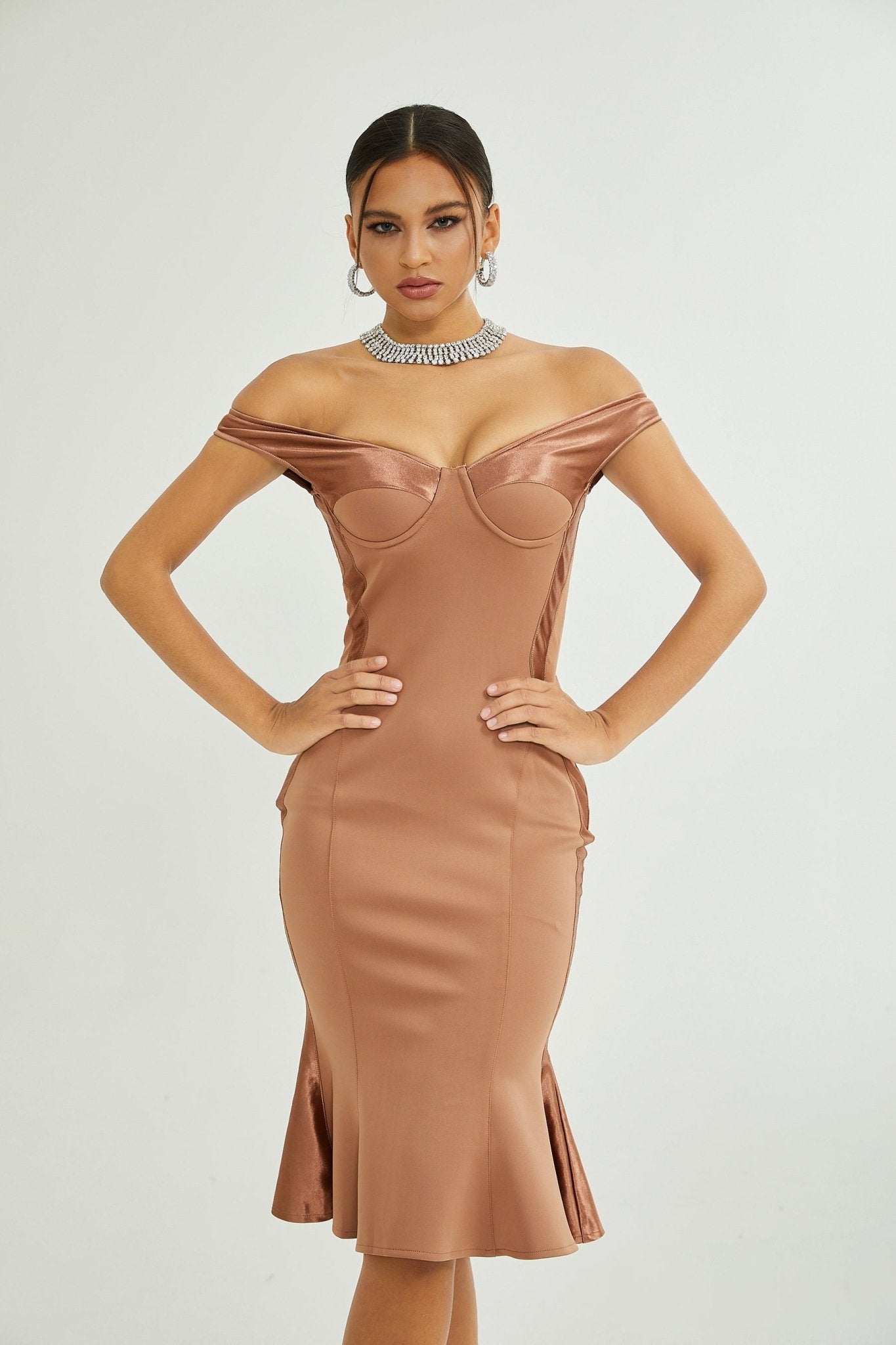 Grazia Off - Shoulder Satin Midi Dress in Black with Flared Hem - Black