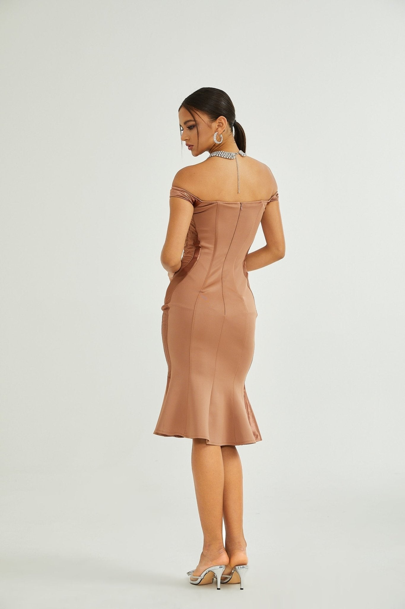 Grazia Off - Shoulder Satin Midi Dress in Black with Flared Hem - Black