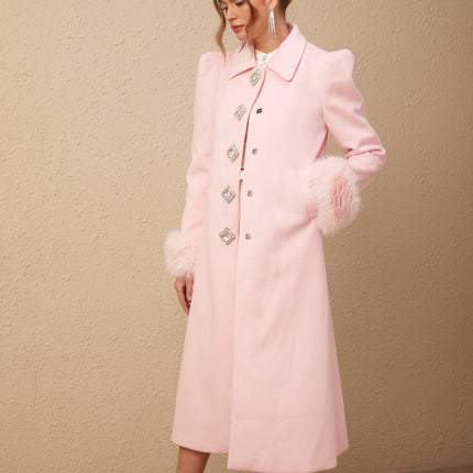 Grazia Pink Faux Fur Cuffs Overcoat with Crystal Embellishments