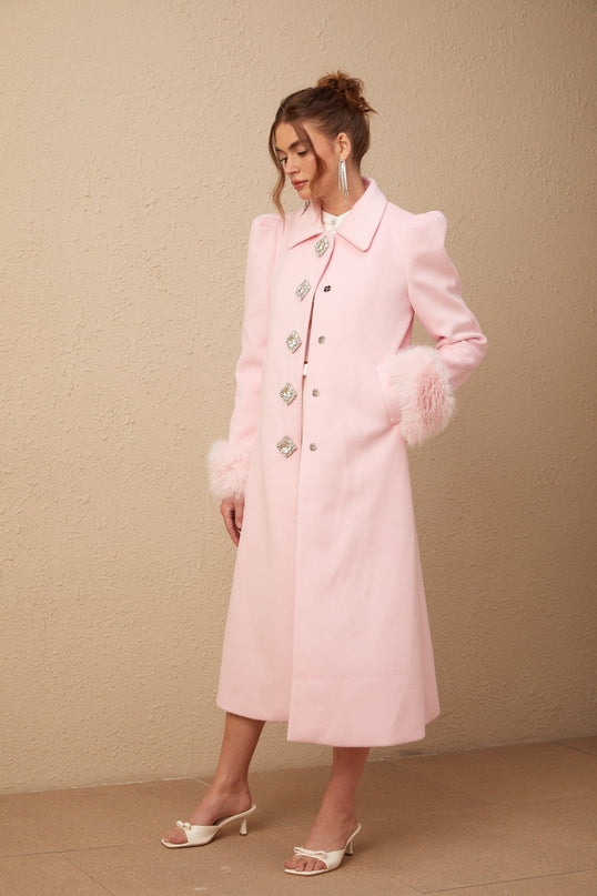 Grazia Pink Faux Fur Cuffs Overcoat with Crystal Embellishments